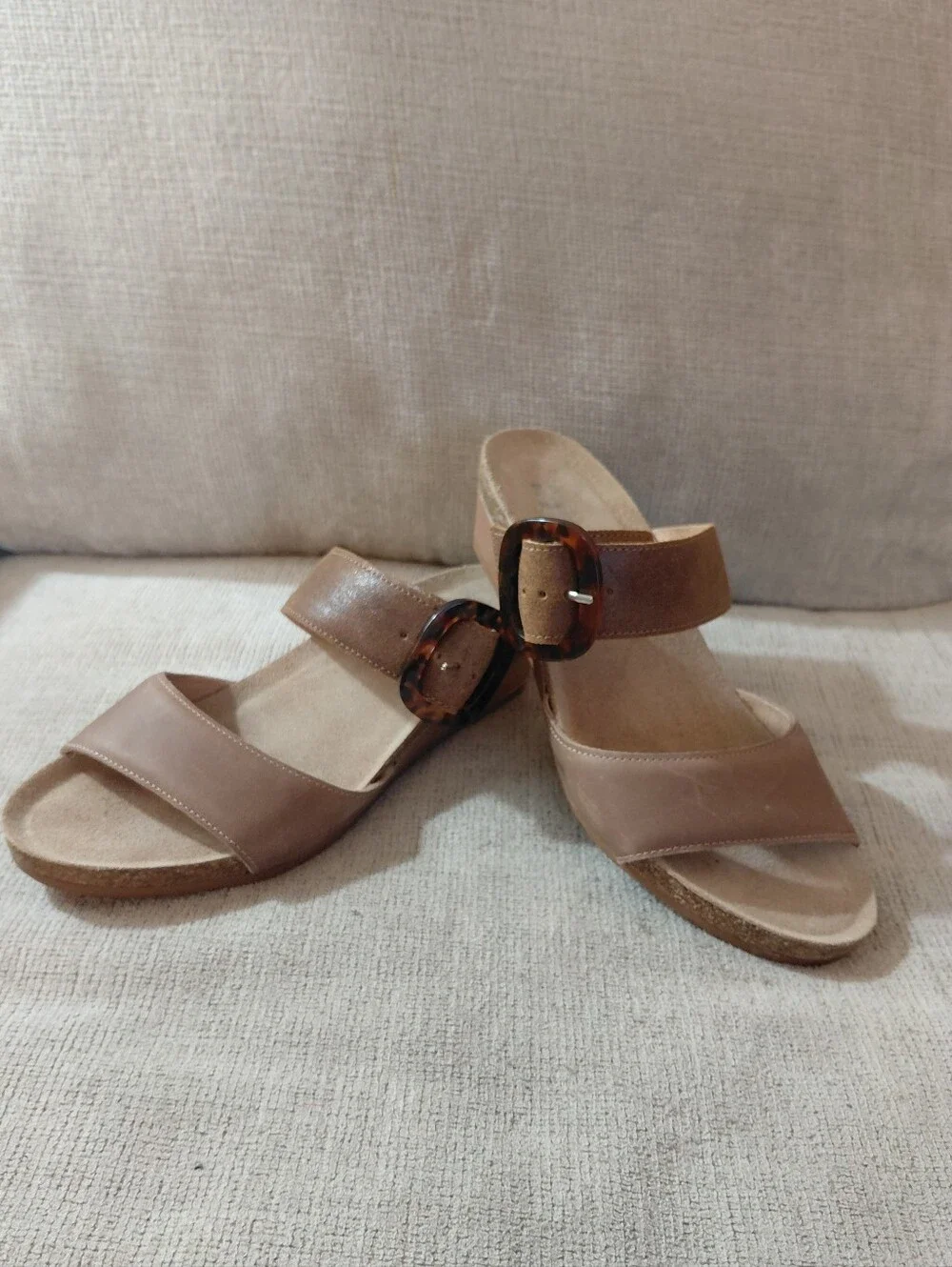 Naot Taupe Suede Wedge Sandals with Tortoise Buckle Size 8